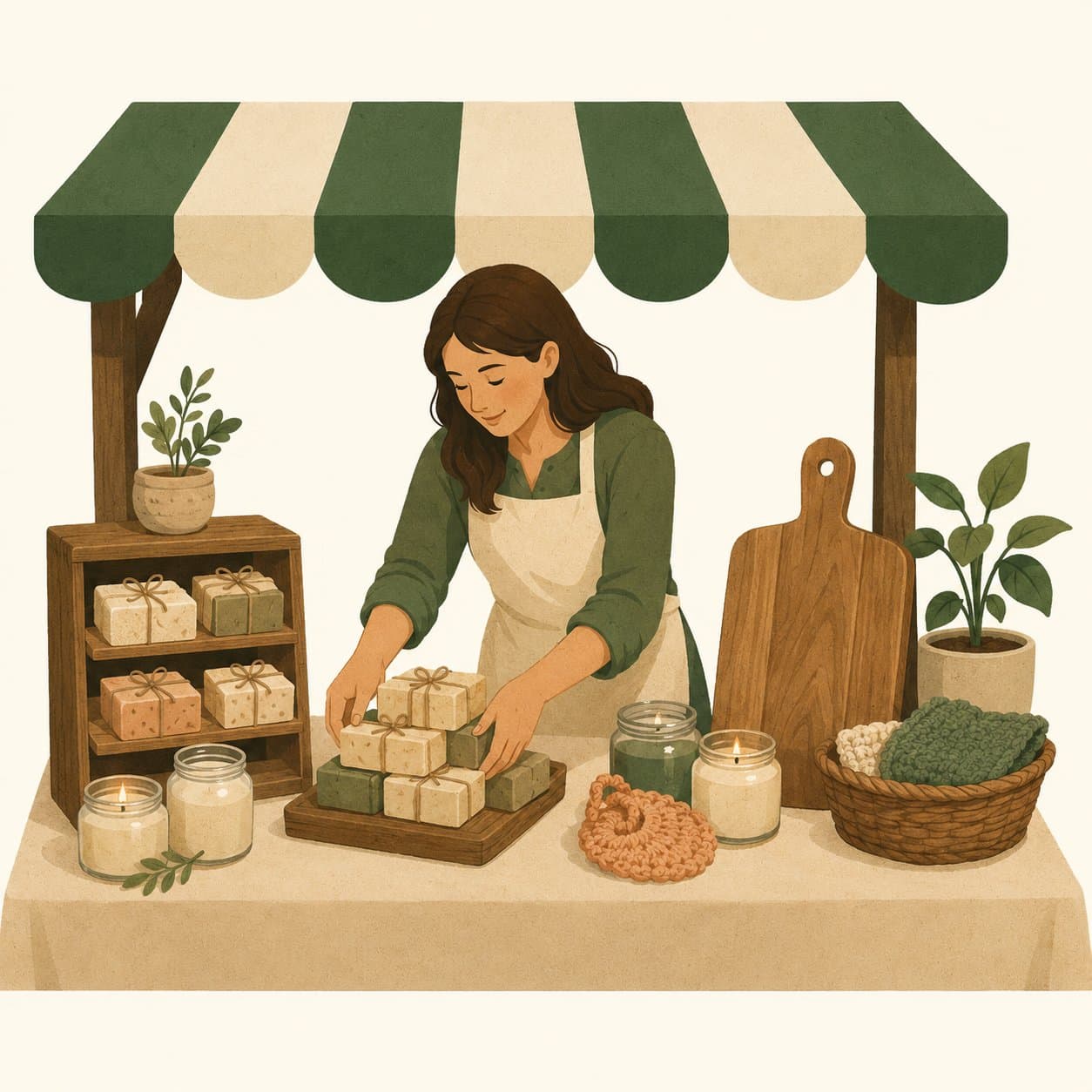 A woman arranging soap and candles at a market table