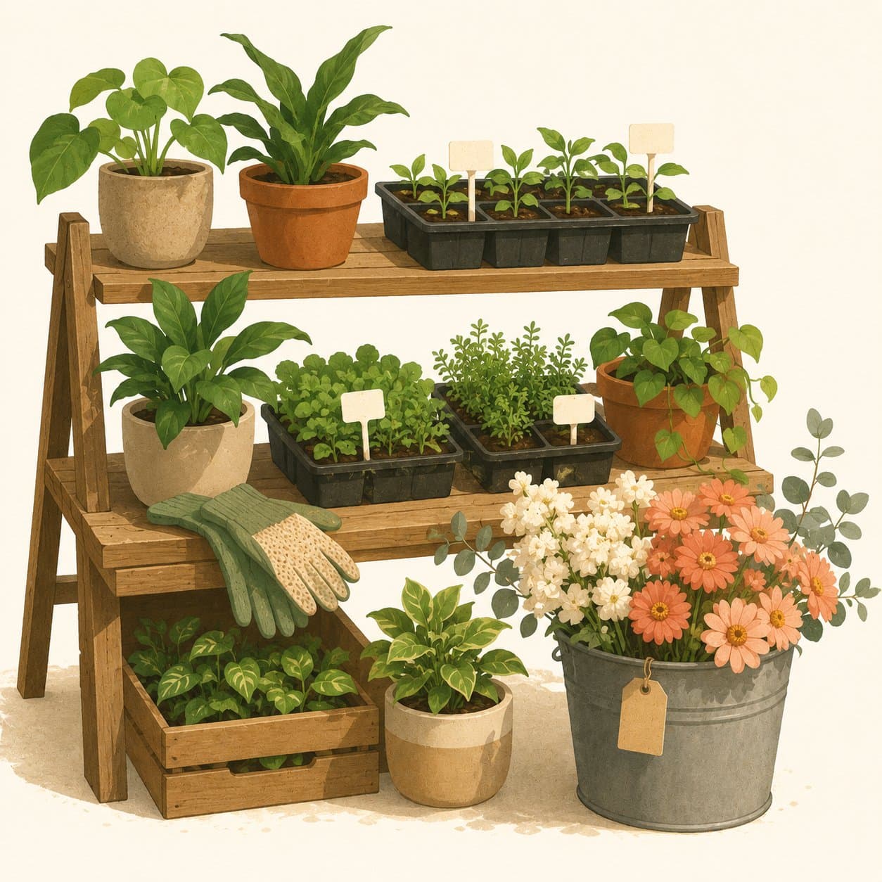 A plant stand with seedlings, houseplants, and cut flowers