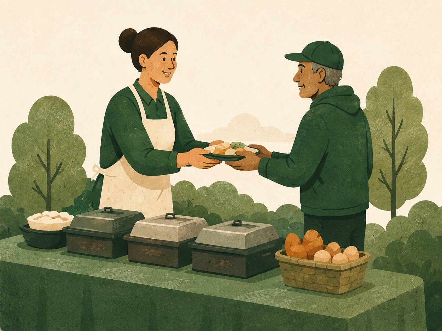 A volunteer handing a plate of food across a table