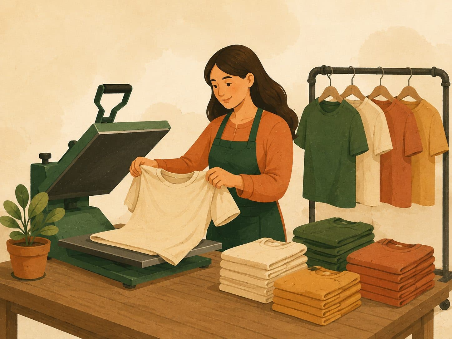 A woman lifting a freshly pressed t-shirt from a heat press, folded shirts stacked beside her