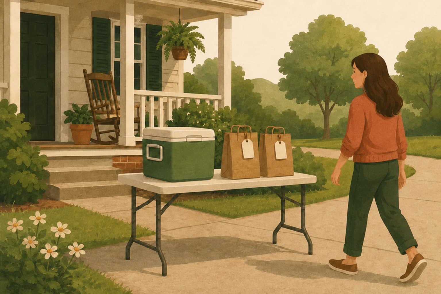 A folding table with a cooler and two tagged paper bags at the end of a driveway, a neighbor walking up to it