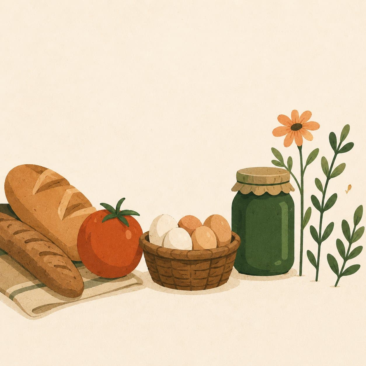 Bread, tomatoes, eggs, and a jar of preserves