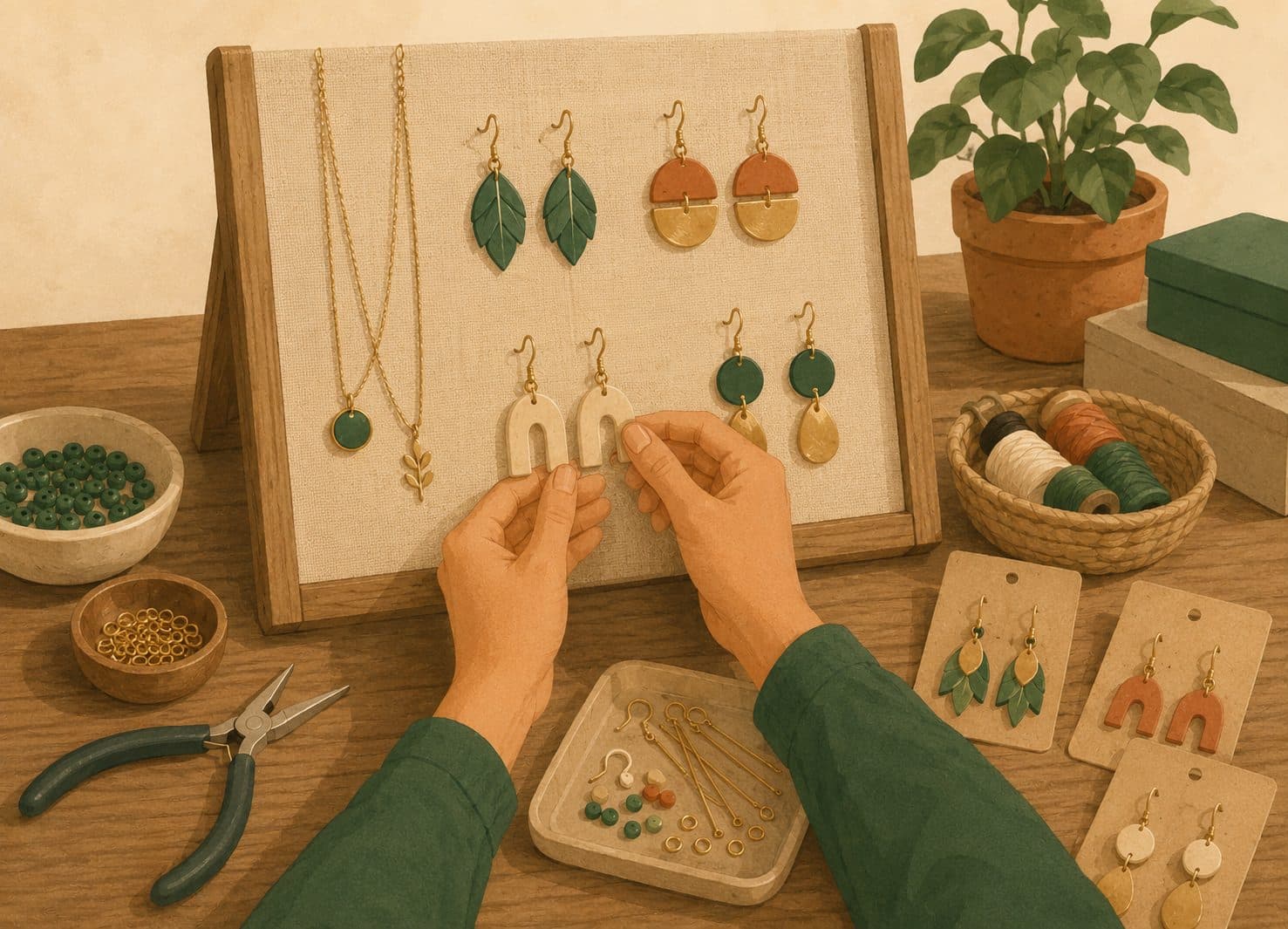 Hands pinning handmade earrings to a linen display board, with carded pairs ready to ship beside it