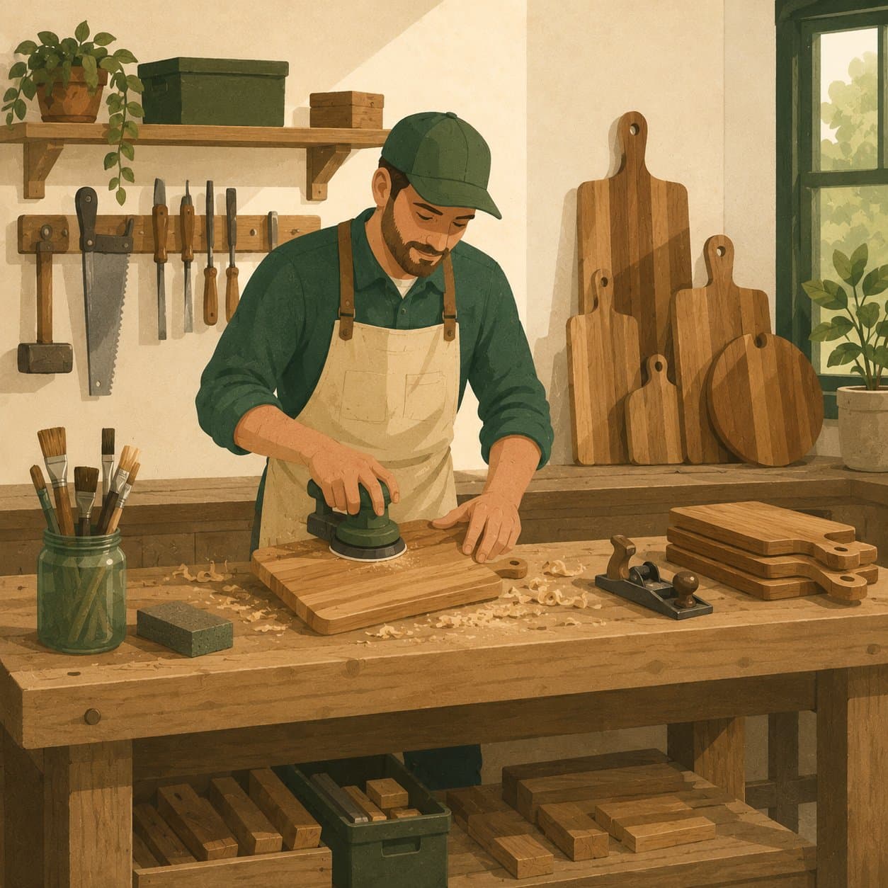 A woodworker sanding a cutting board, finished boards stacked beside him